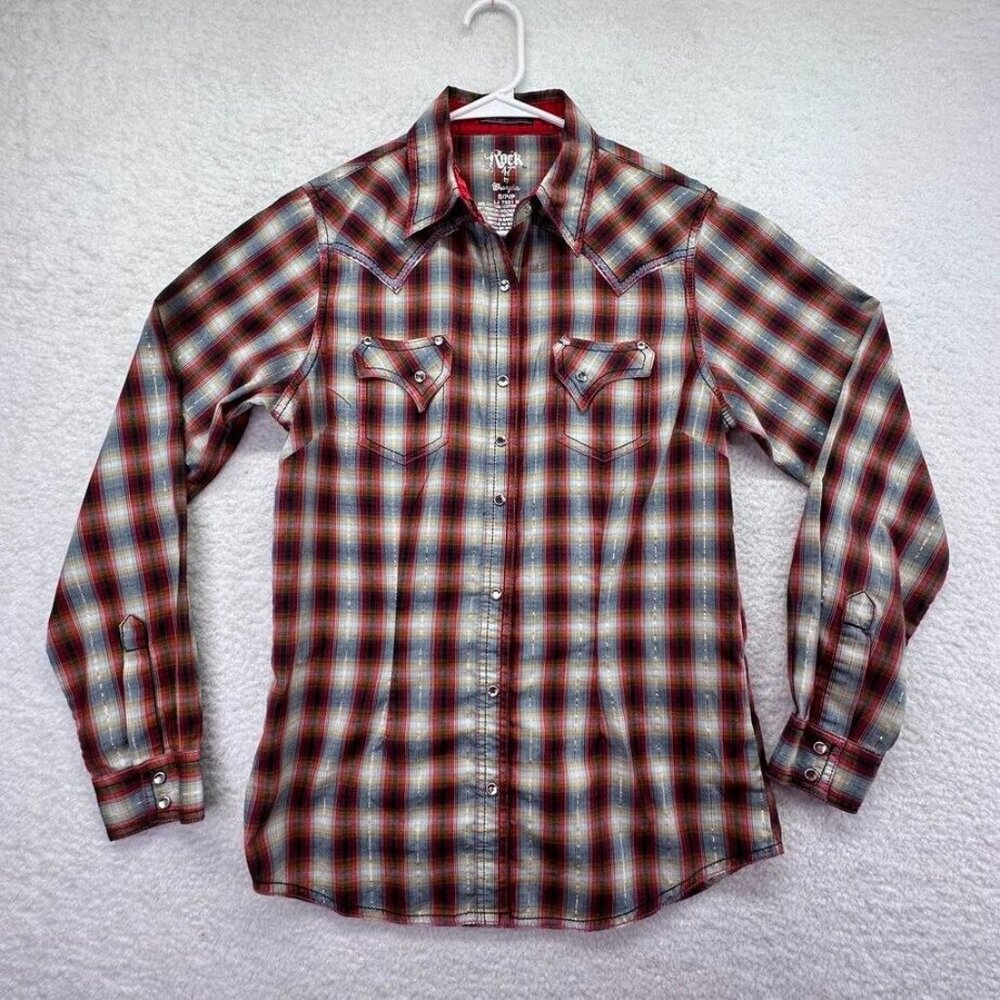Rock 47 Wrangler‎ Shirt Womens Small Tartan Plaid Rhinestone Snaps Silver Thread